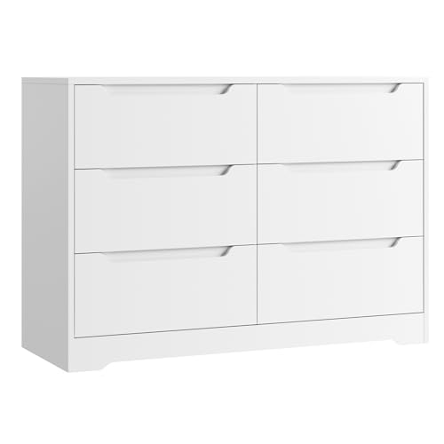 HOCSOK Kommode Weiß mit 6 Schubladen, Sideboard Schubladenschrank aus Holz, Kommode für Schlafzimmer, Wohnzimmer, Flur, Modern, 108 x 82,5 x 39 cm