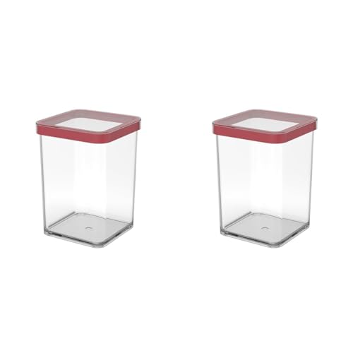 Rotho Loft quadratische Vorratsdose 1l mit Deckel und Dichtung, Kunststoff (SAN) BPA-frei, transparent/rot, 1l (10.0 x 10.0 x 14.2 cm) (Packung mit 2)