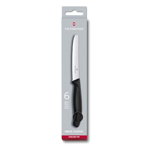 Victorinox Swiss Classic Tomatenmesser, Brotzeitmesser, 6-teilig, Scharfe Klinge, Wellenschliff, 11 cm, Rostfreier Stahl, schwarz
