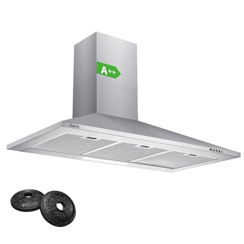 CIARRA CBCS9201 A++ Dunstabzugshaube 90cm Umluft Abluft 370m³/h mit CBCF002X2 Aktivkohlefilter 3 Leistungsstufen Silber Edelstahl Pyramide Wandmontage Wandhaube