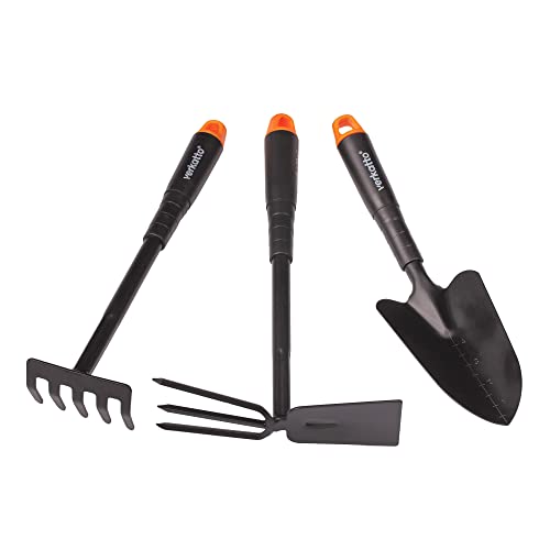 MIVOS 3-TLG Gartengeräte Set für Gartenpflege aus Stahl - Gartenwerkzeug Set mit Blumenkelle Handrechen Doppelhacke - Handwerkzeuge für Pflanzen und Gartenarbeit