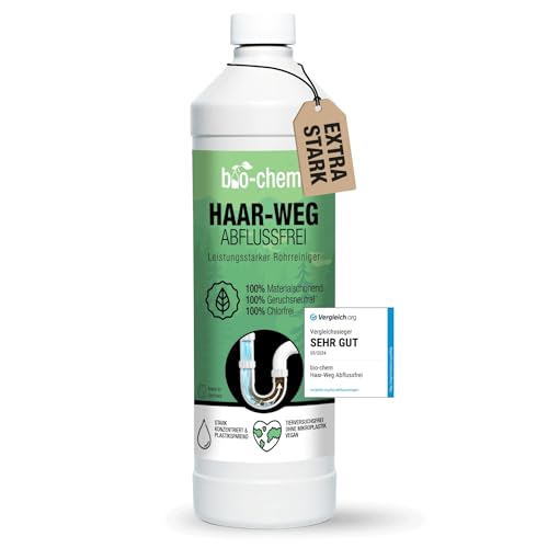 bio-chem Haar-Weg Abflussfrei – Abflussreiniger EXTRA STARK – 1000 ML - Bis zu 10 Anwendungen je Flasche Rohrreiniger – Extrem effektiv & materialschonend gegen Verstopfungen & Haare - Made in DE
