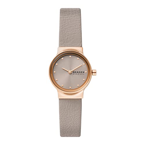 Skagen Freja Uhr für Damen, Quarzwerk mit Edelstahl- oder Lederarmband, Dunkles Beige und Roségoldton, 26MM