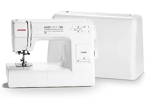 Janome HD3000 strapazierfähige Nähmaschine mit Hartschalenkoffer + 6,35 mm Nahfuß + Blindsaum Fuß + Overedge Foot + Rollsaumfuß + Reißverschlussfuß + Knopflochfuß + Leder und Universalnadeln