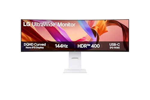 LG UltraWide 49U950A-W Curved Monitor, 49', DQHD (5120x1440), 144Hz, Nano IPS, HDR10, DisplayHDR™400, 1ms MBR, 3800R, G-SYNC, FreeSync Premium, USB-C 90W, HDMI 2.1, Weiß