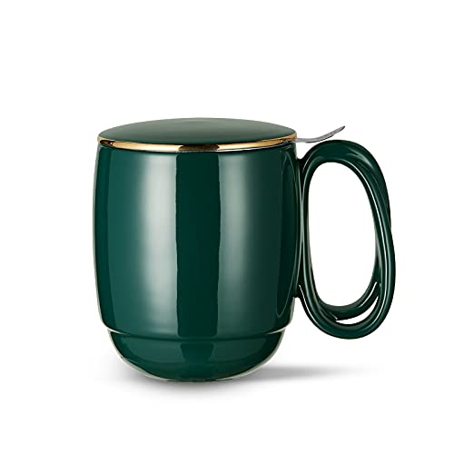 ZENS Teetasse mit Deckel und Sieb, 480ml Große Gewundene Griff Losen Teebecher, Dunkelgrün Glatt Porzellan Teetassen mit Goldbesatz Deckel für Einweichen Tee