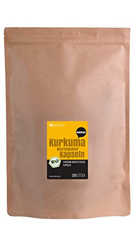 Wohltuer Bio Kurkuma Kapseln 200 Stück mit 100% Bio Kurkuma ohne Zusätze + In veganer Kapsel + Rohkostqualität + Natur pur + DE-ÖKO-006