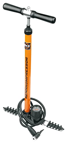 SKS GERMANY RENNKOMPRESSOR E.V.A. Standpumpe (Luftpumpe für alle Ventilarten, Präzisionsmanometer, Metallrohr, Gussfuß, Holzgriff, max. Druck: 16 bar / 232 PSI), orange