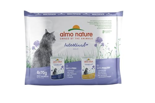 Almo Nature Multipack Holistic Digestive Help 3 x Mit Fisch - 3 x Mit Geflügel. Alleinfutter für Erwachsene Katzen,Nassfutter 6er Pack (6x70g)