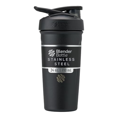 BlenderBottle Strada - Edelstahl Trinkflasche, Thermoflasche mit BlenderBall, Protein Shaker und Fitness Shaker, BPA frei, Doppelwandig, Vakuum isoliert - schwarz, 710 mL.