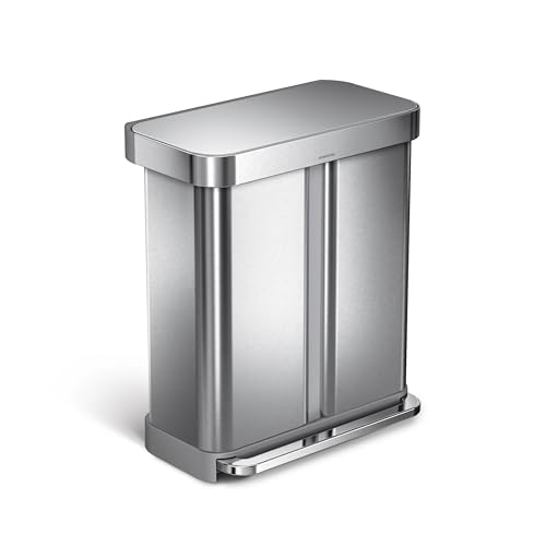 simplehuman CW2025 58 Liter, Rechteckiger Doppelfach Treteimer mit Beutelfach, Mülltrennsystem 2 Fach, Mülleimer Küche, Abfalleimer, Mülltrennung, Recycling, gebürsteter Stahl, 10 Jahre Garantie