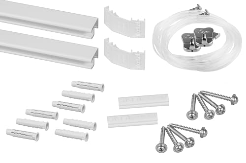 STAS Bilderschiene – Bilderaufhängesysteme / Fotorahmen / Poster – Galerieschiene – Minirail + Perlonseil 150 cm + Zipper bilderhaken