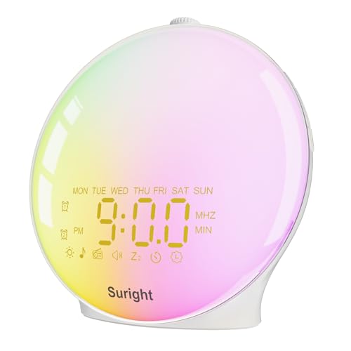 Suright Lichtwecker Tageslichtwecker, Wake Up Licht Wecker, Sonnenaufgang Sonnenuntergang Simulation Wecker Radio 15 Naturgeräusche 2 Alarmen Snooze 18 Farblicht 20 Helligkeit Nachttischlampe