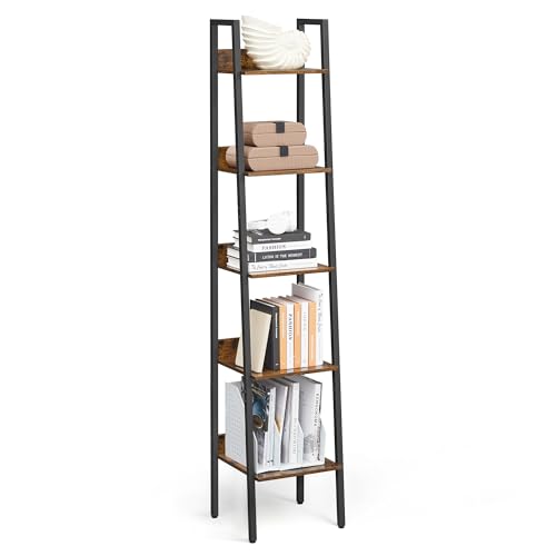 VASAGLE Bücherregal, Leiterregal 5 Ebenen, schmales Regal, offenes Standregal für Arbeitszimmer, Wohnzimmer, Schlafzimmer, Küche, Industrie-Design, vintagebraun-tintenschwarz LLS109B01