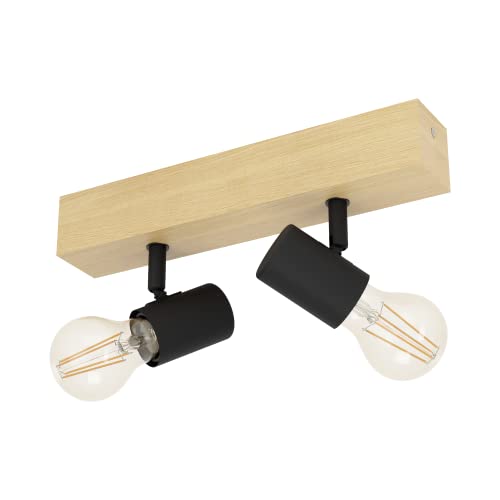 EGLO Deckenlampe Townshend 3, 2 flammiger Vintage Deckenspot im Industrial Design, Retro Lampe aus Stahl und Holz, Farbe: Schwarz, braun, Fassung: E27