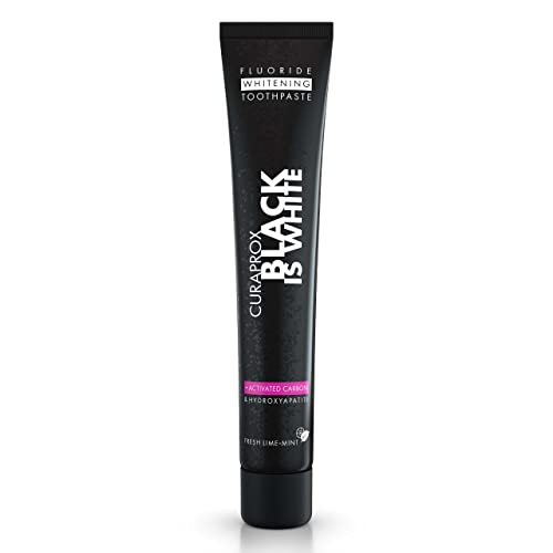 Curaprox Black is White Zahnpasta für weiße Zähne, Zahnaufhellung mit schwarzer Zahnpasta aus Aktivkohle, whitening toothpaste, 1 x 90 ml