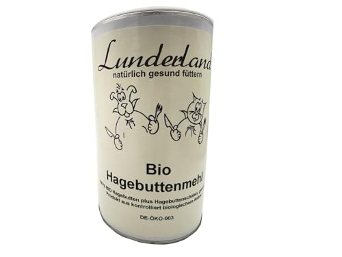 Lunderland Bio-Hagebuttenmehl 600g, 100% BIO Hagebuttenmehl, ganze Hagebutten plus Hagebuttenschalen gemahlen, Einzelfuttermittel für Hunde und Katzen