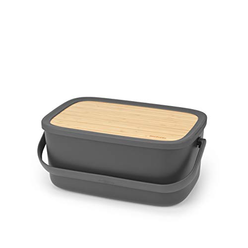 Brabantia Großer Brotkasten mit Servierbrett aus Holz und Griff, Dunkelgrau