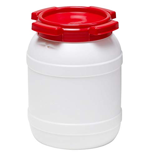 Curtec HDPE Weithalsfass, stapelbar, wasserdicht, temperaturformbeständig bis 80°C, mit rotem Schraubdeckel, Gummidichtung, naturweiß, 6 Liter