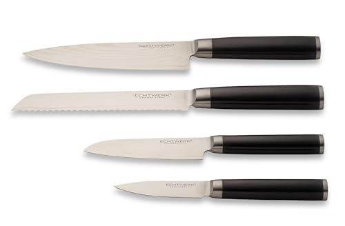 Echtwerk Damaszener Messer Set, 4-TLG, Kochmesser/Küchenmesser, kleines Santokumesser/ japanisches Messer, Schälmesser/Gemüsemesser, Wellenschliff Brotmesser, Damaststahl, Messergriffe aus Pakka-Holz