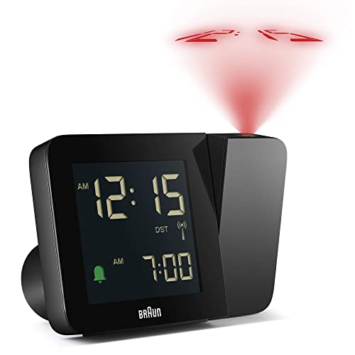 Braun Digitaler Funk Projektionswecker für die mitteleuropäische Zeitzone (DCF) mit negativem LCD-Display, Schnelleinstellung und Alarm-Piepton in Schwarz, Modell BC15B-DCF.