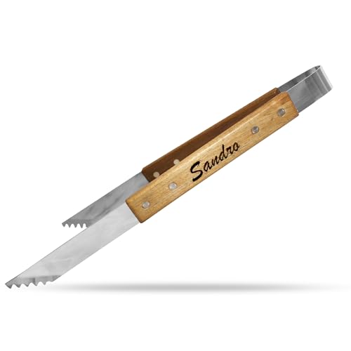 Mit Namen personalisierte Grillzange mit Gravur und Holzgriff aus Akazienholz, Geschenk für Papa, Grillbesteck personalisiert, Vatertag, Grillgeschenk (Grillzange personalisiert ohne Tasche)