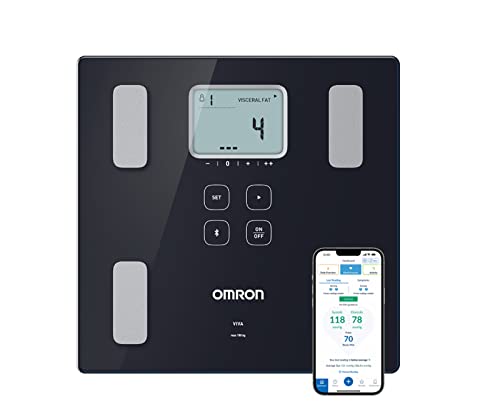 Die smarte Körperanalyse-Personenwaage OMRON VIVA mit Bluetooth misst Körperfett, Gewicht, Viszeralfett, Skelettmuskelmasse, Grundumsatz und den BMI, Schwarz, LCD