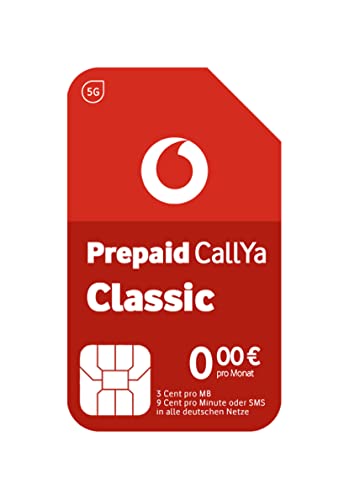 Vodafone Prepaid CallYa Classic SIM-Karte ohne Vertrag I 5G Netz | 9 Ct. pro Min oder SMS in alle dt. Netze & die EU I 3 Ct. pro MB I 10 Euro Startguthaben