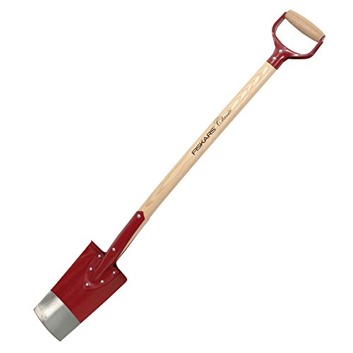 Fiskars Drainierspaten zum Pflanzen von Blumen oder Pflanzen sowie für Drainagearbeiten, Länge: 105 cm, Astfreies Eschenholz-Stiel/Stahl-Blatt, Rot, Classic, 1003689