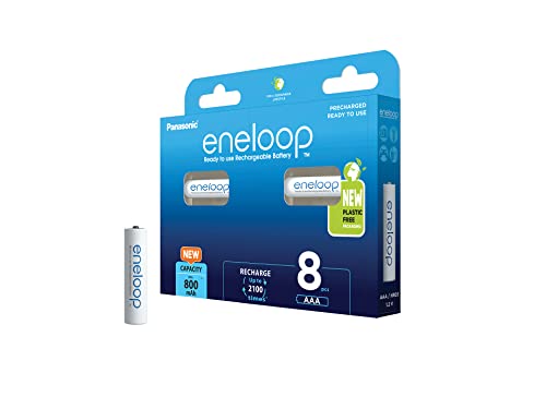 Panasonic eneloop, Ready-to-Use Ni-MH Akku, AAA/Micro, 8er-Pack, verbesserte Kapazität: min. 800 mAh, 2100 Ladezyklen, hohe Leistung & geringe Selbste, BK-4MCDE/8BE, blue, Neu: 8er Pack