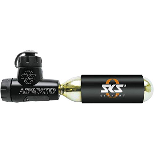 SKS GERMANY AIRBUSTER CO2 Fahrradpumpe für Wettkämpfe (CO2 Luftpumpe, mit Druckdosierventil & Drehdosierer, inkl. Kälteschutz, Staubschutzkappe, Pumpenhalter & 16g-Kartusche), Schwarz
