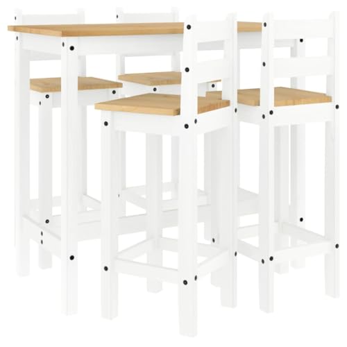 vidaXL Bar Set 5-TLG., Bartisch mit 4 Barhocker, Stehtisch Bistrotisch Barstühle für Esszimmer Küche Wohnzimmer, Bartresen Küchentisch Stühle, Weiß Massivholz Kiefer