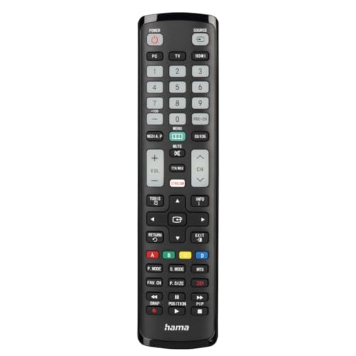 Hama Universalfernbedienung für Samsung TVs (Infrarot, lernfähig, leuchtende Tasten, smarte Taste, Easy Mode Funktion, ergonomische Haupttasten, 10m Reichweite) schwarz