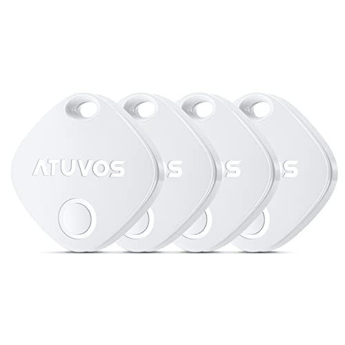 ATUVOS Schlüsselfinder KeyFinder 4er Pack, iOS Smart Bluetooth Tracker Tag Kompatibel mit Apple Wo ist? APP (iOS NUR), Key Finder für Gepäck/Taschen/Koffer, IP67 Wasserdicht, Austauschbarer Akku, Weiß