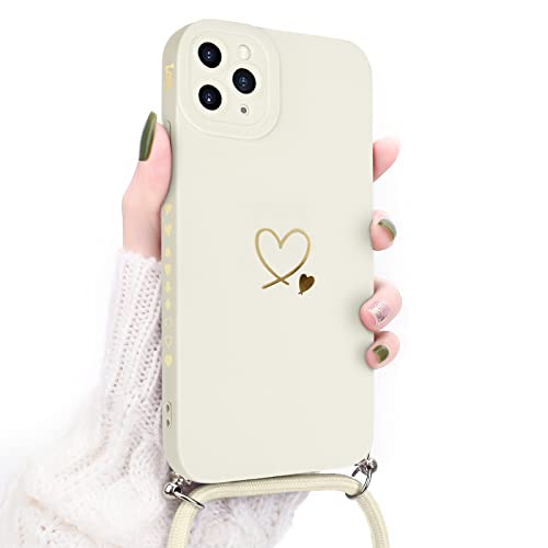 Newseego Handykette für iPhone 11 Pro Max, Süße Herz Muster Flüssigsilikon hülle Kompatibel mit iPhone 11 Pro Max für Frauen Mädchen Herz Seitenrahmen iPhone 11 Pro Max Hülle mit Umhängeband-Weiß