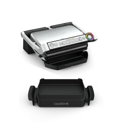 Tefal OptiGrill & Bake Kontaktgrill mit Backschale, 6 Programme, Garstufenanzeige, Abnehmbare Platten, Elektrogrill, Edelstahl, GC714D10