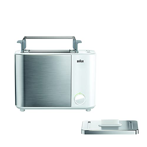 Braun Household Toaster HT5010 WH – IDCollection Doppelschlitz-Toaster mit Bagel-Funktion für einseitiges Toasten, 13 Röstgrade, Auftaufunktion, inkl. Brötchenaufsatz, 1000 Watt, Weiß/Edelstahl