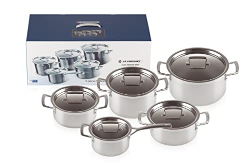 Le Creuset 5-teiliges Topfset aus 3-ply Edelstahl mit passenden Deckeln, Für alle Herdarten inkl. Induktion geeignet, Silber