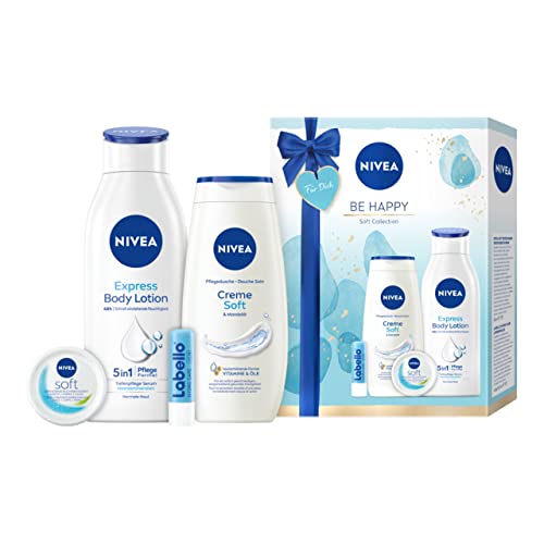 NIVEA Be Happy Geschenkset für Frauen, verwöhnendes Beauty Set mit feuchtigkeitsspendenden Pflegeprodukten, Pflegeset mit Duschgel, Body Lotion und mehr, Kosmetik Set als Geschenk für Freundinnen