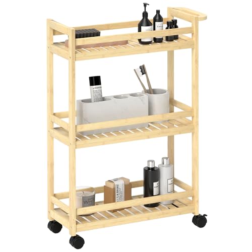 HOMCOM 3-stöckiger Servierwagen aus Bambus, Küchenwagen mit Rolle, Allzweckwagen mit Griff, Lagerwagen für Büro, Wohnzimmer, Küche, 55 x 20 x 75 cm, Naturholz