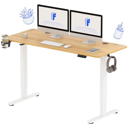 FLEXISPOT Elektrisch Höhenverstellbarer Schreibtisch 110 x 60 cm - mit Haken/Flaschenhalter - Memory-Handsteuerung - Sitz-Stehpult für Büro & Home-Office (weiß, ahorn Gestell)