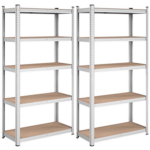SONGMICS Schwerlastregal, 2er Set, Kellerregal, Lagerregal, 40 x 90 x 180 cm, Regal mit Stahlgestell, jeweils bis 875 kg belastbar, 5 verstellbare Ablagen, silbern GLR040E02