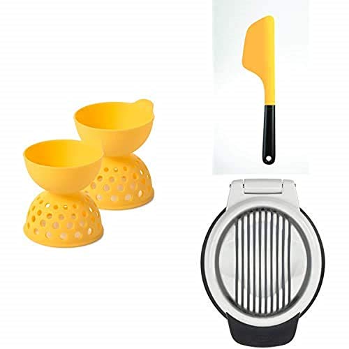 OXO Good Grips Eier-Pochierer, Silikon, gelb, 2 Einheiten + OXO Good Grips Pfannenwender für Omeletts, Gelb, 1 + OXO Good Grips Eierschneider