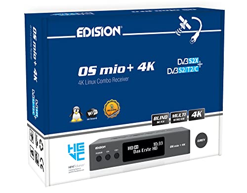 EDISION OS MIO+ 4K UHD Linux E2 Combo-Receiver H.265/HEVC (1x DVB-S2X, 1x DVB-S2/T2/C, OLED Display, Multistream, Blind Scan, 2160p, Dual Band Wi-Fi, Bluetooth, 2X USB, HDMI, LAN, Kartenleser) (Grau)