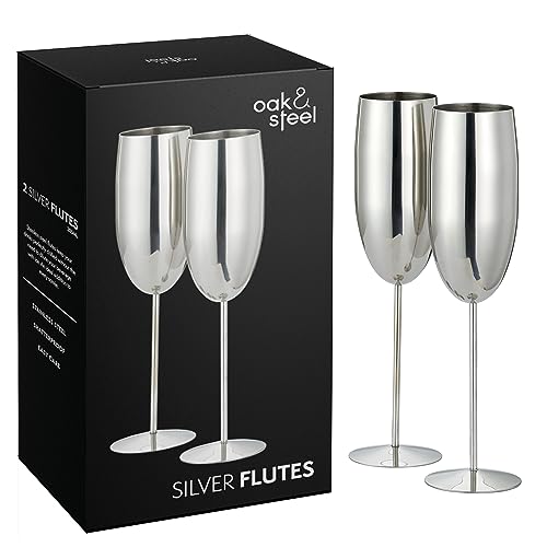Oak & Steel - 2 Silberne Champagnergläser, 280 ml - Silberne Prosecco-Gläser aus Edelstahl mit Geschenkbox