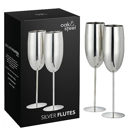 Oak & Steel - 2 Champagnergläser, 280ml - Prosecco-Gläser aus Edelstahl mit Geschenkbox (Silver)
