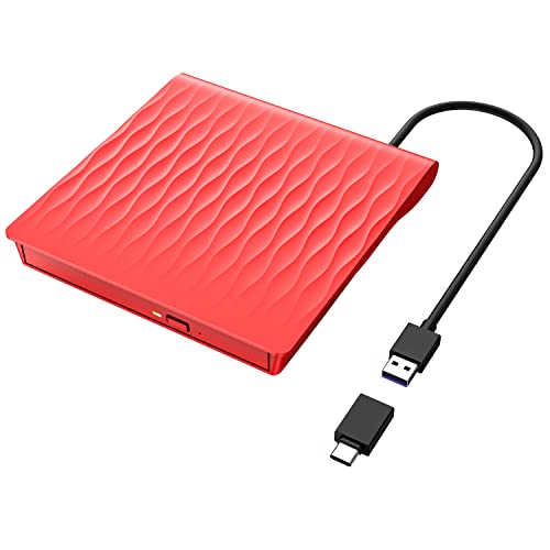 LPUNCD DVD CD Laufwerk Extern, USB 3.0 & Type-C Portable DVD Brenner, CD DVD +/-RW ROM DVD Drive für Laptop, Desktop, iMac, MacBook Air/Pro, Kompatibel mit Win11/10/8/7/XP/Linux/Vista/MacOS, Rot