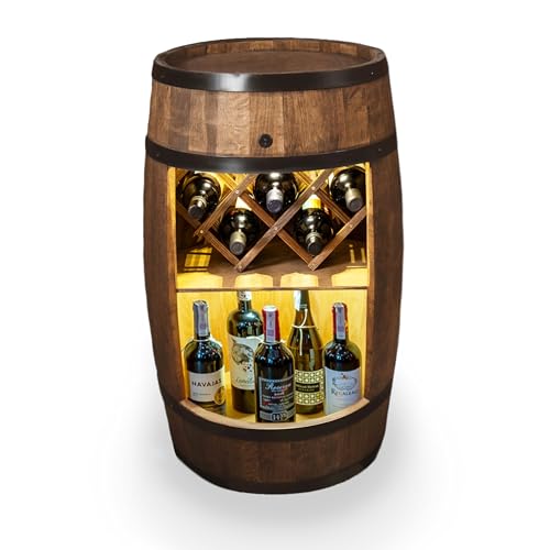CREATIVE COOPER Fass bar mit Weinhalter - Weinregal LED - Holzfass Hausbar 80x50cm - Rustikaler deko Barschrank Weinständer – Weinschrank (Dunkelbraun)