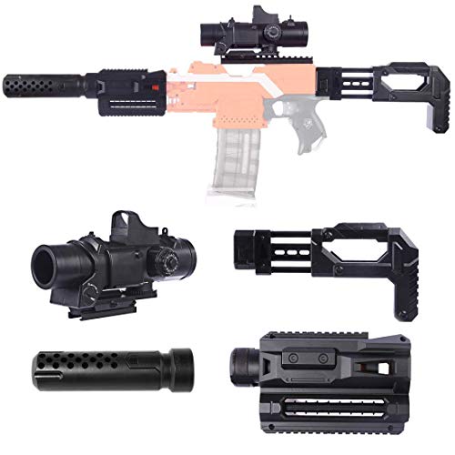 Upgrade Zubehör Set für Nerf, Zielfernrohr + Vorderrohr + Vohrrohr Adapter + Guide Rail Adapter + Gewehrkolben für Nerf Stryfe/Modulus IonFire/Motorized/Modulus ECS-10 Series Blaster