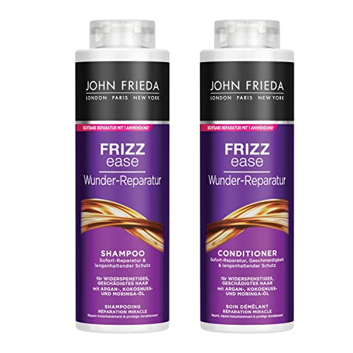 John Frieda Wunder Reparatur Shampoo/Conditioner Vorteils-Set - Inhalt: 1x Shampoo 500ml & 1x Conditioner 500 ml - Nachfüllbar - Frizz Ease Serie - Für widerspenstiges, strapaziertes Haar